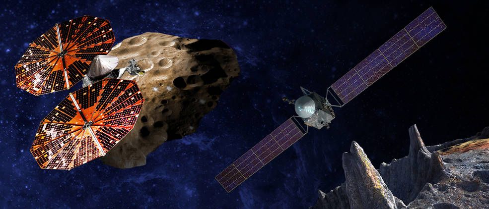 An artist’s conception of the Lucy spacecraft flying by the Trojan Eurybates - Credits: SwRI and SSL/Peter Rubin